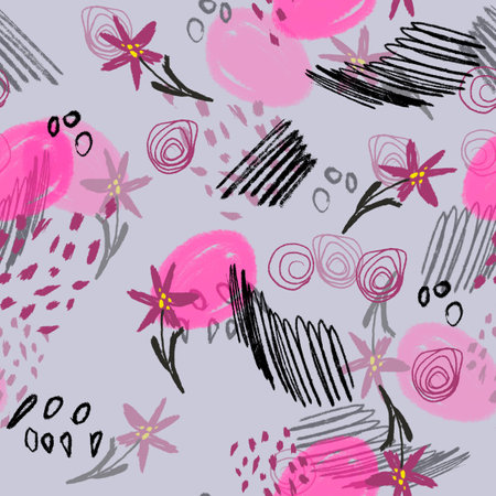 Seamless pattern of pink flowers on an abstraction background. Packaging paper, background, textiles. The pattern is made in a minimalist style on a dark background. Doodle illustrationの写真素材