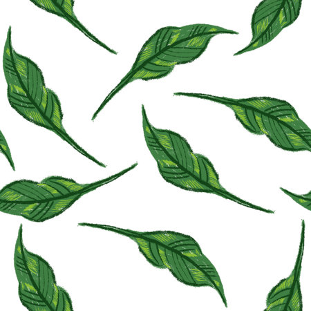 Seamless pattern of green leaves. Branches in the style of pencil drawing. Background with leaves for packaging, textilesの写真素材