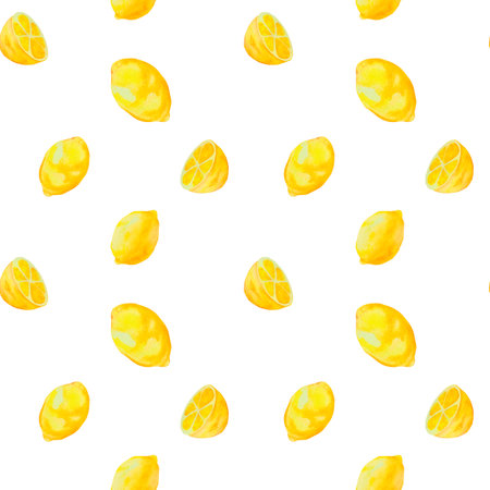 Seamless pattern with yellow lemons. Background with fruit highlighted on a white background. Watercolor pattern with lemonsの写真素材
