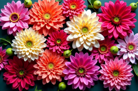 Beautiful background with red, pink, and white chrysanthemums. A vibrant floral backdrop with soft textures, perfect for banners, florist designs, invitations, prints, decorative projects, and creative visuals.の素材