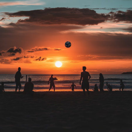 Beach volleyball game at sunset by the ocean. Dynamic and energetic scene capturing summer vibes, sports, and travel. Perfect for tourism, vacation promotions, active lifestyle.の素材
