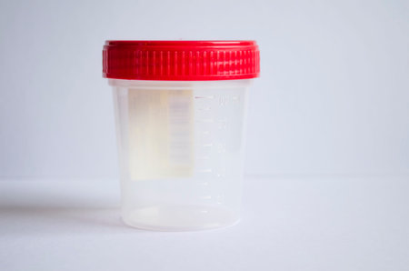 Empty container with red cap for collecting material for tests .の写真素材
