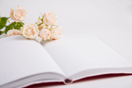 Bouquet of creamy roses lying on open notebook.