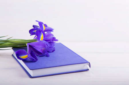 Bouquet of beautiful irises with notebook on white wooden background.の写真素材