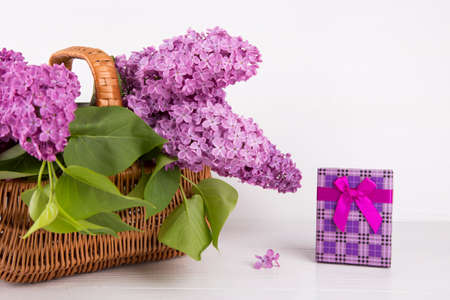 Bouquet of lilac in wicker basket with purple gift box on white background.の写真素材