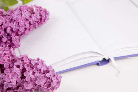Bouquet of lilac with open notebook on white background.の写真素材