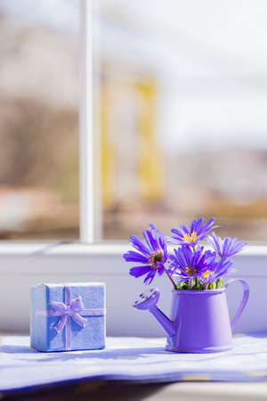 Little purple watering can with spring flowers bouquet and gift box near the windowの写真素材