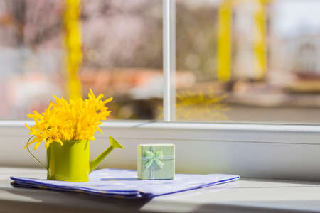 Little green watering can with spring flowers bouquet and gift box near the windowの写真素材