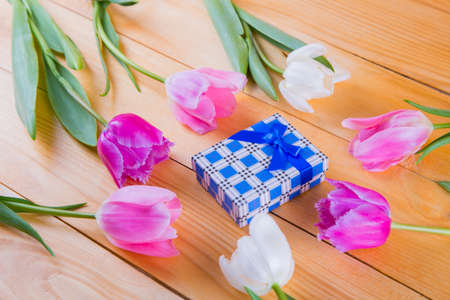 Beautiful bouquet of tender pink and white tulips with colorful gift box on light wooden backgroundの写真素材