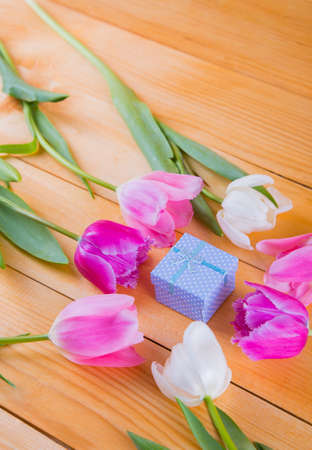 Beautiful bouquet of tender pink and white tulips with colorful gift box on light wooden backgroundの写真素材
