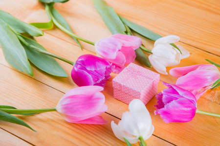 Beautiful bouquet of tender pink and white tulips with colorful gift box on light wooden backgroundの写真素材