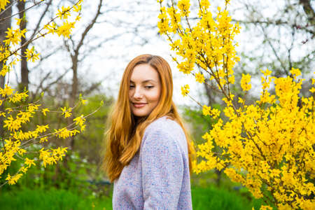 Close-up portrait of beautiful red-haired young woman standing near blooming Forsythia bushes in spring garden.の写真素材