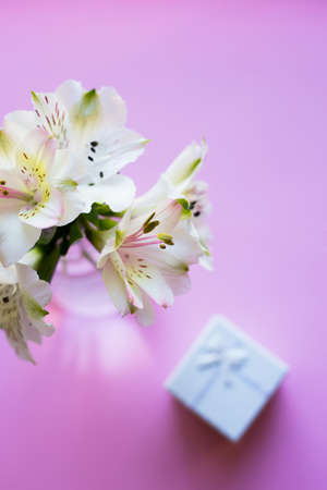Beautiful tender bouquet of white Alstroemeria with white gift box on pink background. Spring composition. Springtime. Mother`s day card.の写真素材