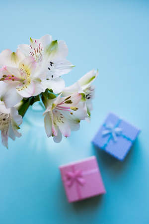 Beautiful tender bouquet of white Alstroemeria with two gift boxes on mint background. Spring composition. Springtime. Mother`s day card.の写真素材