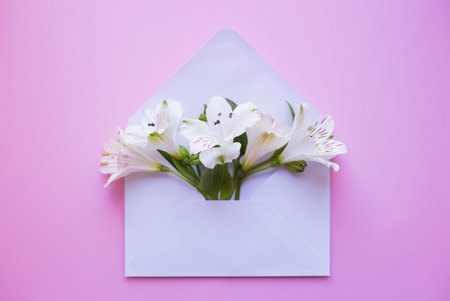 Beautiful tender bouquet of Alstroemeria in white envelope on pink background. Spring composition....