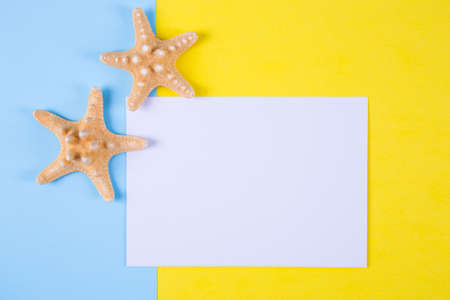 Empty paper sheet with two starfishes on colored blue and yellow backgrounds with negative space. Minimalistic colorful summer background. Top view. Flat lay in marine style.の写真素材