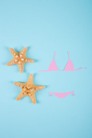 Pink paper bikini swimsuit with two starfishes on blue background.  Minimalistic summer colorful flat lay with negative space. Beach concept.の写真素材