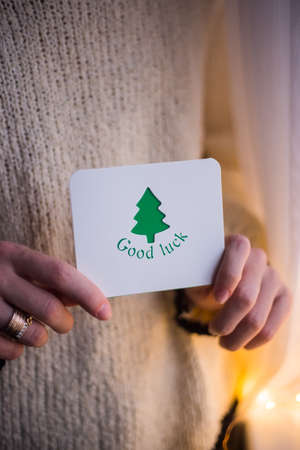 Female hands holding gift card with Christmas tree with garland lights on background. Cozy festive atmosphere. Wish good luck.の写真素材
