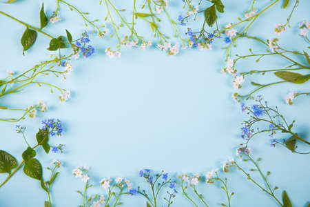Spring frame made from little blue and white flowers on light mint background. Seasonal blooming card with empty space. の写真素材