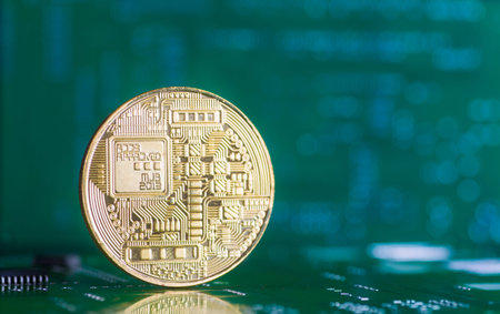 Golden bitcoin on green board with microchips and microcircuits on background. Concept of cryptocurrency, electronic payments and web banking.の写真素材