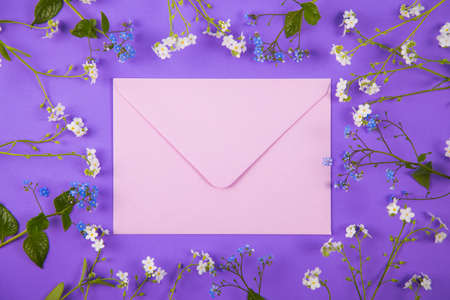 Pink envelope surrounded with blue and white little flowers on violet background. Spring card with flower frame.の写真素材