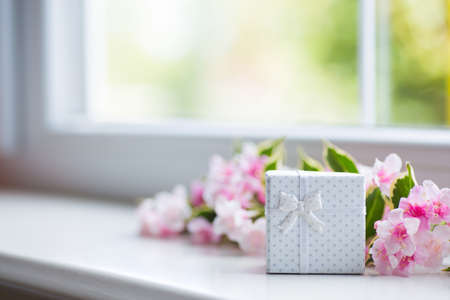 White gift box with blooming tender Weigela branch near window in daylight. Spring composition.の写真素材