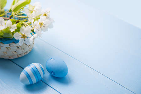 Two painted blue Easter eggs near basket with white spring flowering branch on light blue background.の写真素材