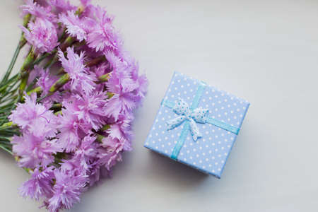Bouquet of tender pink carnation flowers with blue gift box on light background in daylight. Spring composition.の写真素材