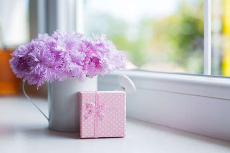 Small white watering can with tender bouquet of beautiful pink carnation and gift box near window in daylight. Spring motherâs day gift.の写真素材