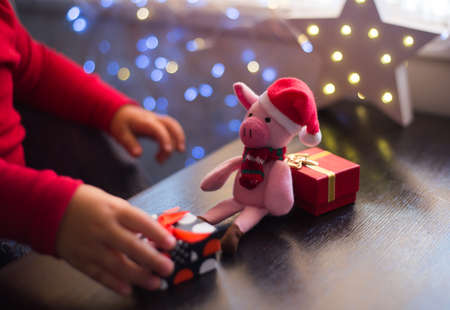 Children's hands holding gift box near toy pig in Santa hat with garland bokeh background indoor at home. Symbol of Chinese New Year. Toddler boy plays with festive decoration.の写真素材