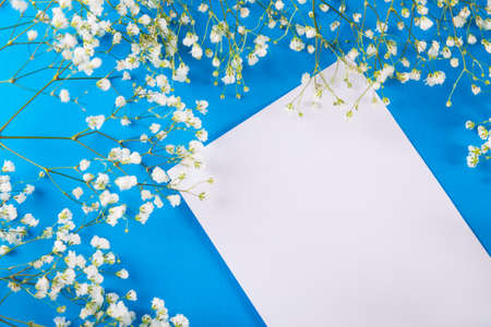 Empty sheet of paper surrounded with white gypsophila flowers on blue background, high angle. Spring card with copy space for text.の写真素材
