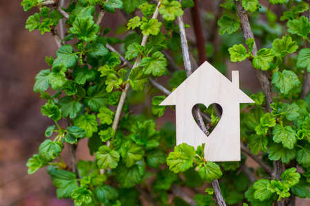 Closeup wooden house with hole in form of heart surrounded by green branches outdoor. Ecological natural composition with copy space. Concept of eco-house.の写真素材