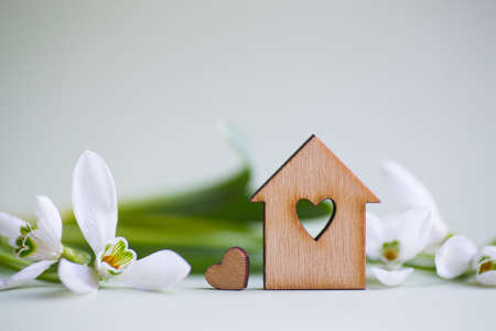 Closeup wooden house with hole in form of heart with tender white snowdrops flowers on light green background with copy space. Spring romantic composition. Concept of sweet home.の写真素材
