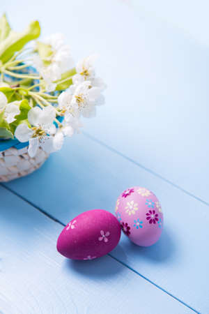Two painted pink and purple Easter eggs near basket with white spring flowering branch on light blue background.の写真素材