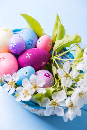 Closeup set of decorated colorful Easter eggs in basket with white spring flowers on light blue background.の写真素材