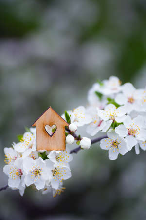 Closeup wooden house with hole in form of heart surrounded by white flowering branches of spring trees. Spring vibrant composition with copy space. Concept of sweet home.の写真素材