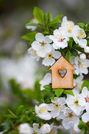 Closeup wooden house with hole in form of heart surrounded by white flowering branches of spring trees. Spring vibrant composition with copy space. Concept of sweet home.の写真素材