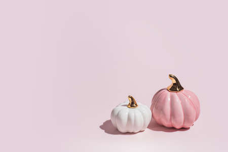 Flat lay pattern from white and pink decorative autumn pumpkins on beige background in hard lightの写真素材