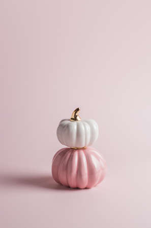 Flat lay pattern from white and pink decorative autumn pumpkins on beige background in hard lightの写真素材