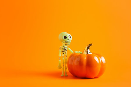 Cheerful toy skeleton with big pumpkin on orange background with copy space. Halloween party...