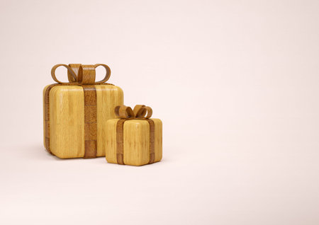 Wooden Christmas Gift Box on pink background 3d renderの写真素材