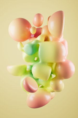 Abstract pastel colored shapes on yellow background 3d render.