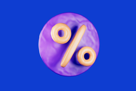 3d yellow icon of percent discount on purple round in plasticine style with blue background.の写真素材