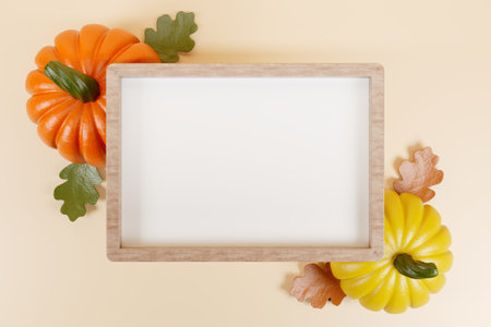 Wooden frame yellow and orange pumpkins with oak leaves Happy Thahksgiving template 3d render.
