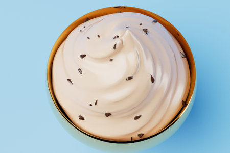 Ice cream with chocolate in gold bowl close-up 3d rendering.