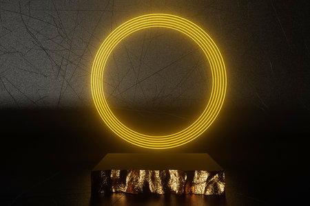 Gold podium with neon yellow light circles 3d render.の写真素材