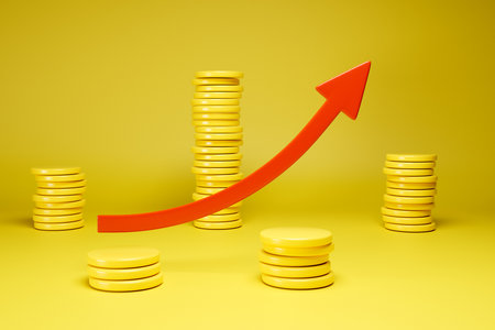 Red arrow wave graph and growing up money on yellow background 3d render.の写真素材