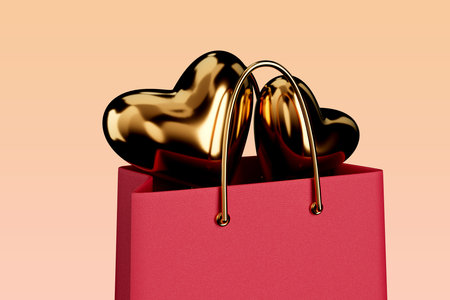 Red gift package with golden hearts for Valentines Day 3d render.の写真素材
