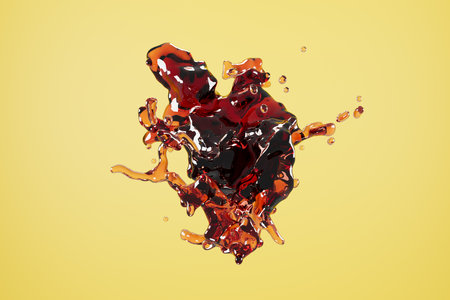 Splash of dynamic dark liquid on a yellow background 3d render.の写真素材