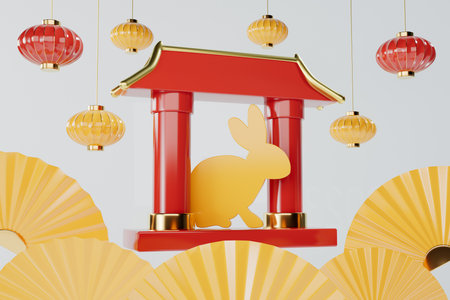 Chinese new year composition with a hare, lanterns and fans 3d render.の写真素材